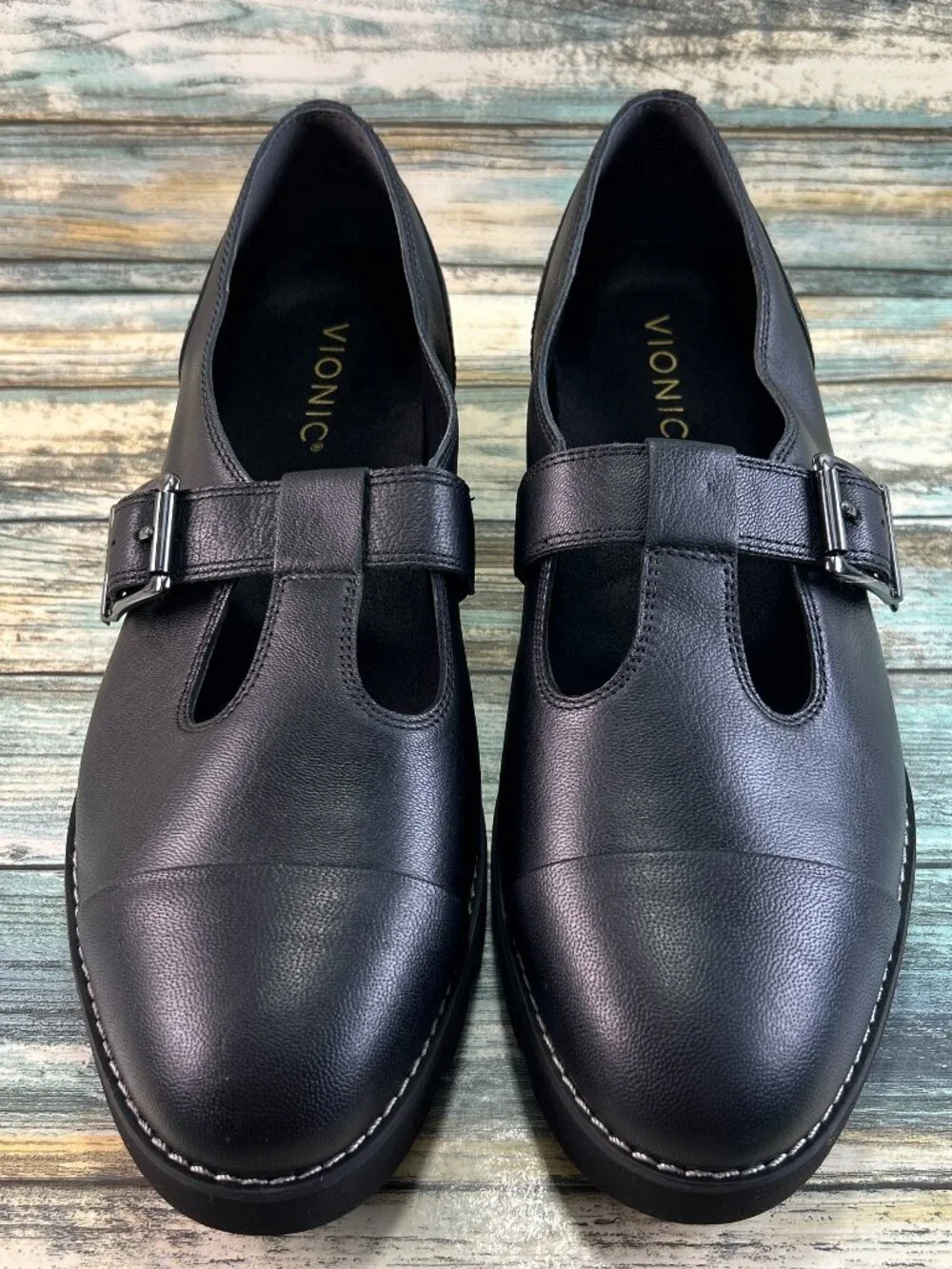 VIONIC T-Strap Mary Janes 8.5W Wedge Schoolgirl Collegiate Preppy Black Leather